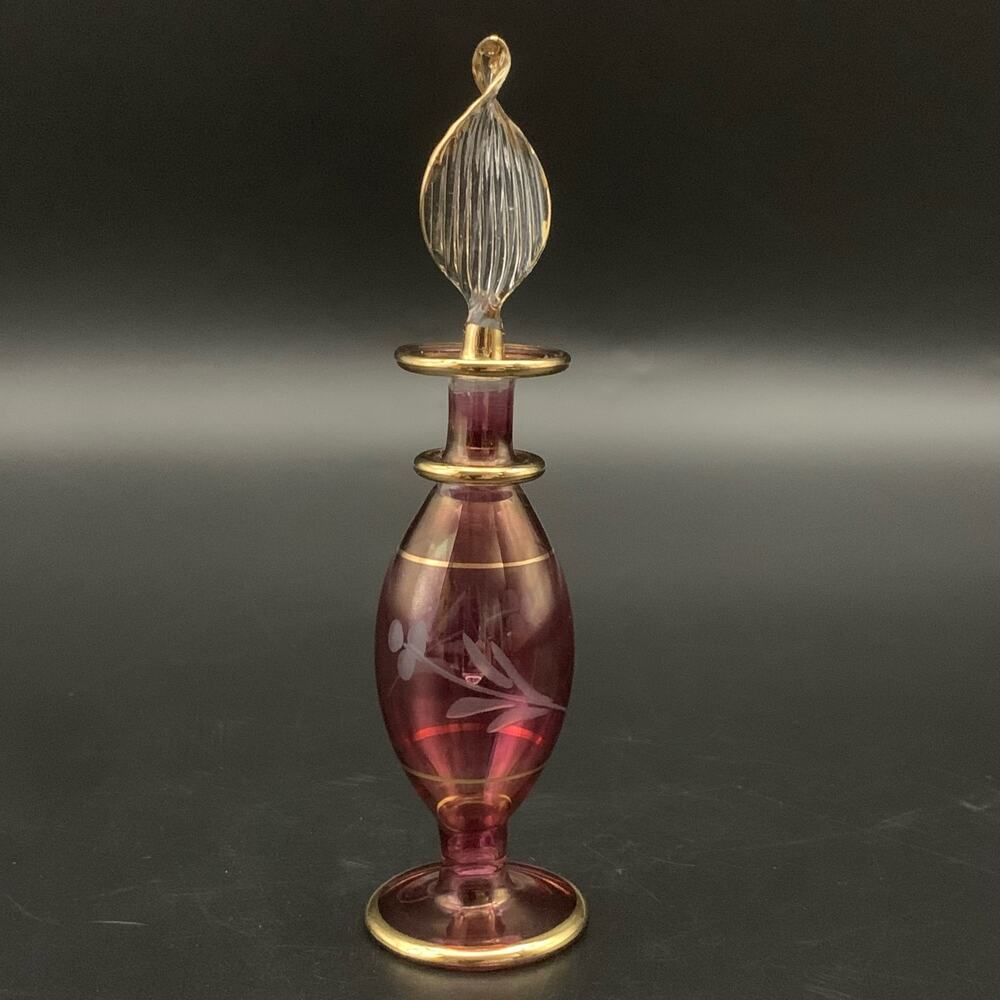 Vintage Egyptian Hand Blown Miniature Glass Empty Bottle Gold Trim Etched